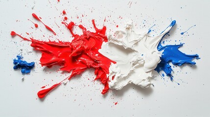 Red white and blue paint splashes on canvas creating an abstract background design for artistic purposes
