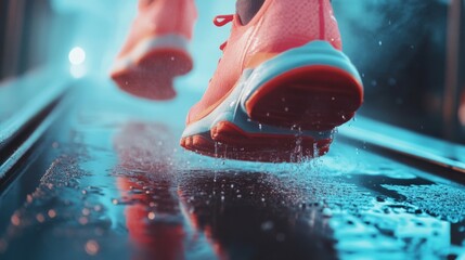 Vibrant sneakers strike a wet treadmill, sending droplets airborne in a dynamic display of movement and energy.