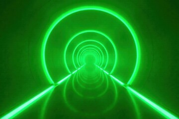 Fototapeta premium Abstract Green Neon Tunnel A Futuristic Illuminated Passageway with Circular Lights and Reflective Floor