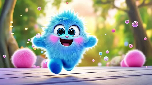 Cute happy funny blue character joyfully runs forward. Cute fictional fluffy cheerful baby monster runs and smiles. Funny cheerful animation.