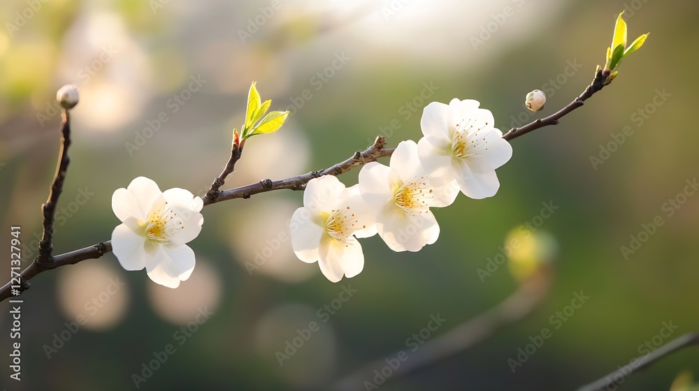 Poster delicate cherry blossom flowers blooming on a branch during springtime with soft blurred background 