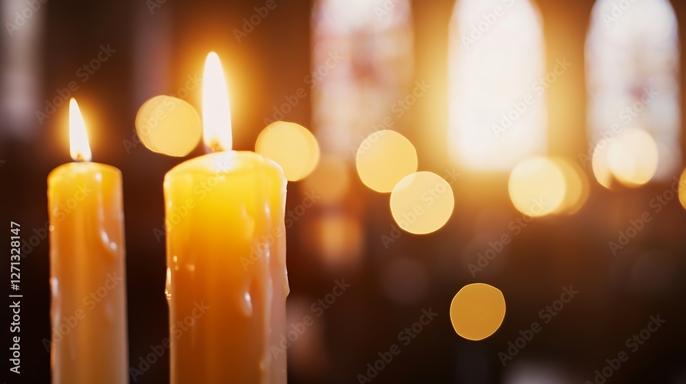 Fototapete Soft glow of flickering candles creating a serene atmosphere in a dimly lit space : Generative AI