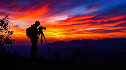 A silhouette of a photographer with a tripod stands against a vibrant, colorful sunset, capturing the beauty of dusk.