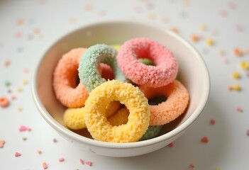 Tasty cereal rings in bowl on pink table, closeup
