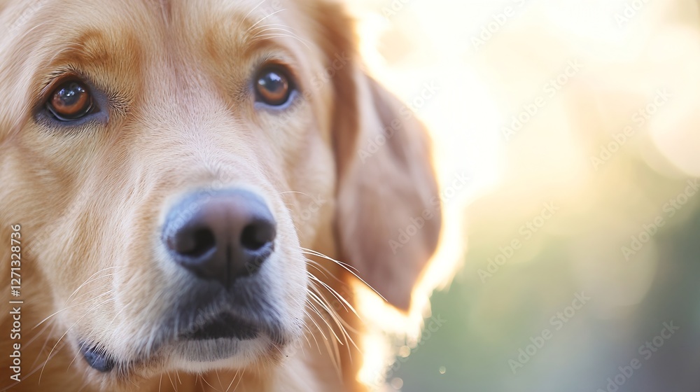 Aufkleber closeup of a golden retriever dog looking into the camera with soft lighting around its face : gener