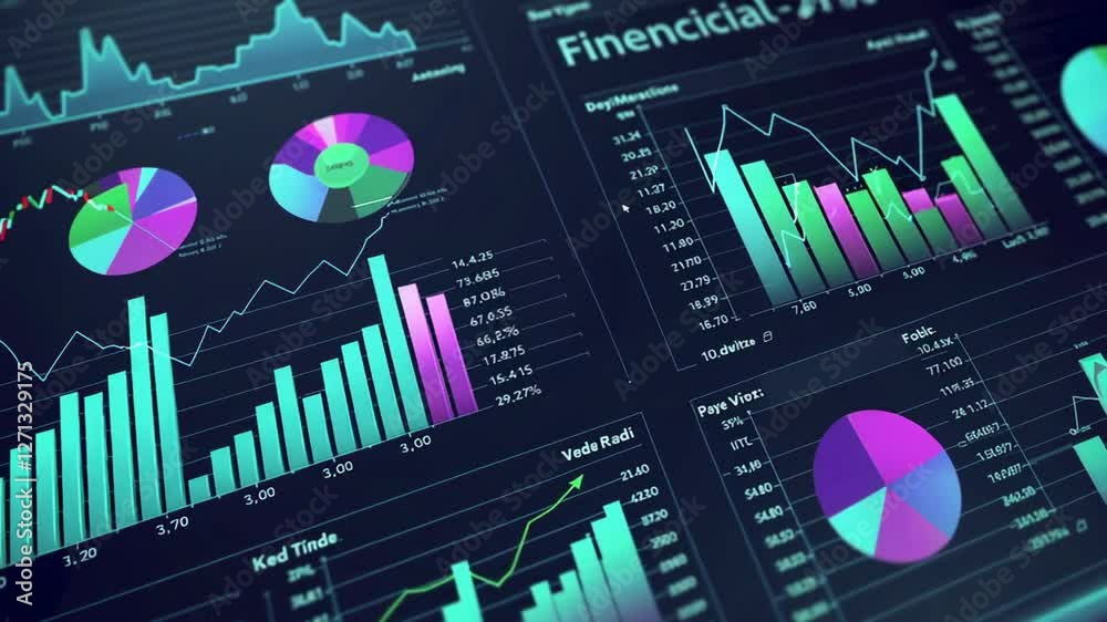 Poster Multiple digital displays present various financial charts, graphs, and data visualizations, showcasing market trends and business performance metrics in a slow motion sequence
