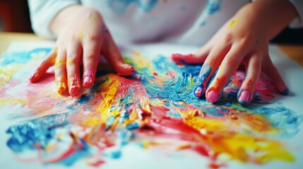 Naklejka premium Child's hands create a colorful masterpiece, smearing vibrant paints on paper, capturing creativity and joyful exploration.