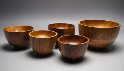A set of wooden bowls of varying sizes arranged together, showcasing natural textures and grains, perfect for kitchenware brands, cooking shows, and rustic decor themes.