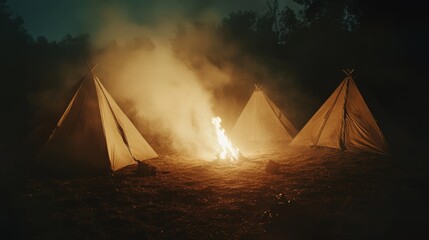 Three tents encircle a crackling fire under a starry sky, casting a warm glow amidst the deep forest's embrace.