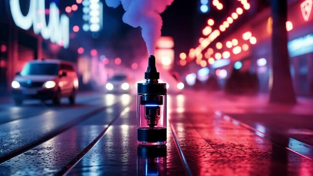 This video showcases a stylish vape device surrounded by colorful smoke. It represents the fusion of technology and lifestyle. Ideal for articles on vaping and urban culture. Generative AI
