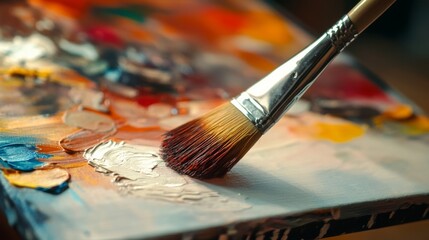 Fototapeta premium A close-up of a paintbrush on a colorful palette captures creativity and the vibrant expression of artistic ideas in motion.