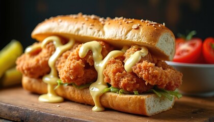 Fried shrimp po boy sandwich with crispy coating, tangy remoulade sauce on wooden board. Delicious fast food meal, seafood lunch with vegetables. Unhealthy snack full of calories.
