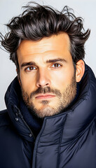 Fototapeta premium Man in dark jacket, studio portrait, serious expression, grey background, fashion use