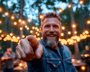 Obraz premium Man points at camera, evening party, forest lights