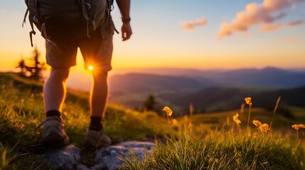 Fototapeta premium A hiker walking through lush green fields at sunset with vibrant colors and a breathtaking view of distant hills : Generative AI
