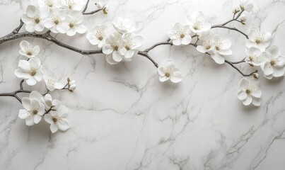 Elegant white cherry blossom branch gracefully arranged on a marble surface, creating a serene atmosphere