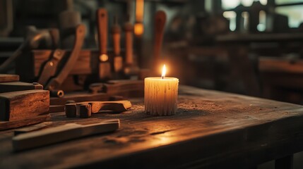 A lit candle brightens a rustic workbench with scattered tools, evoking a serene sense of dedication and craftsmanship in the quiet of a workshop.
