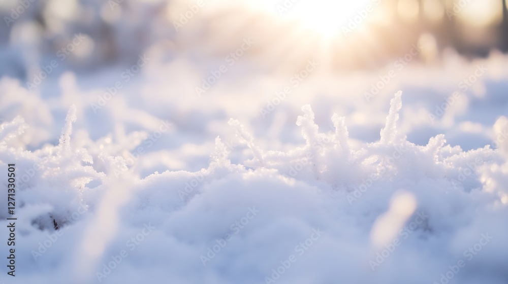 Poster closeup of glistening fresh snow covering ground with sunlight creating a dreamy atmosphere : genera