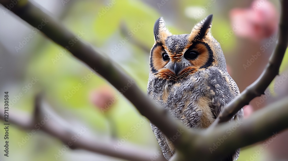 Poster A majestic owl perched on a branch with intense eyes and intricate feathers blending into the surrounding foliage : Generative AI