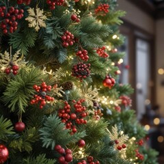 elegant evergreen garland adorned with snowflakes and berries on a beautifully decorated Christmas tree, holiday decor, christmas season