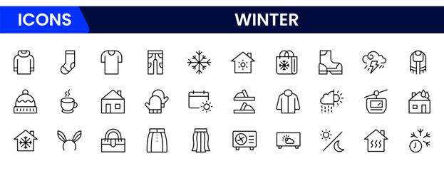 Set of winter clothes and accessories icons. Thin linear style icons Pack. Vector Illustration