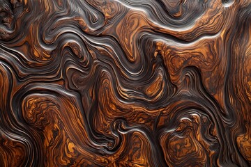 Dramatic abstract background featuring wavy, topographic wood grain patterns, creating a unique textured surface with rich brown and dark chocolate colors, nature’s beauty.