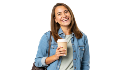 A beautiful brunette woman with a cup of coffee casually smiles, looking thoughtful