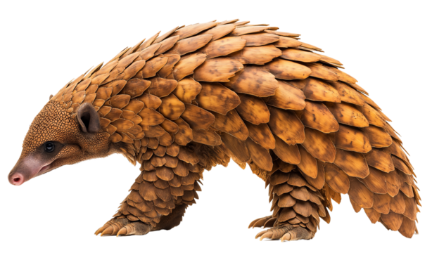 A beautifully armored pangolin with overlapping golden-brown scales walks forward, showcasing its unique appearance and protective covering.