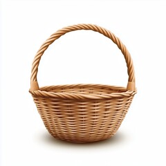 A wicker basket with a rounded handle, intricate texture, and natural brown color on a clean white background.