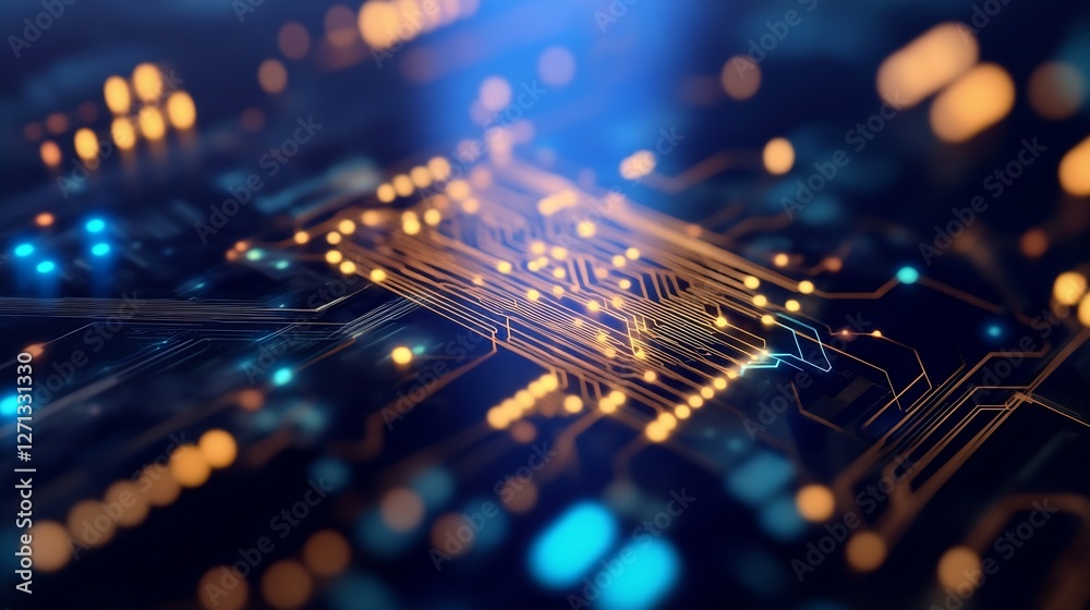 Poster High resolution close up of a vibrant computer circuit board with glowing lights and intricate designs : Generative AI