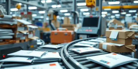Fototapeta premium Envelopes swiftly being sorted on conveyor belt at a postal facility, mail, swift, logistics