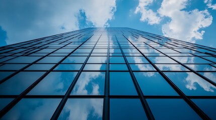 Modern skyscraper viewed from below with reflective glass windows reflecting beautiful sky : Generative AI