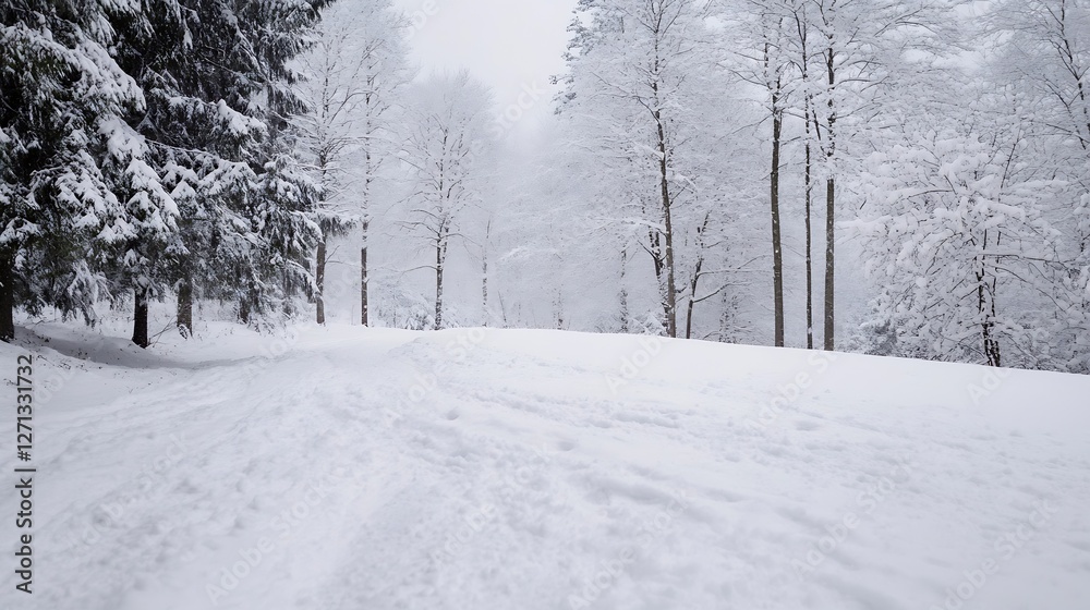 Poster serene winter landscape showcasing a snowy road lined with frosted trees in a peaceful setting : gen