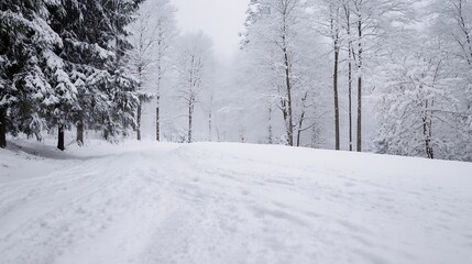 Fototapeta premium Serene winter landscape showcasing a snowy road lined with frosted trees in a peaceful setting : Generative AI