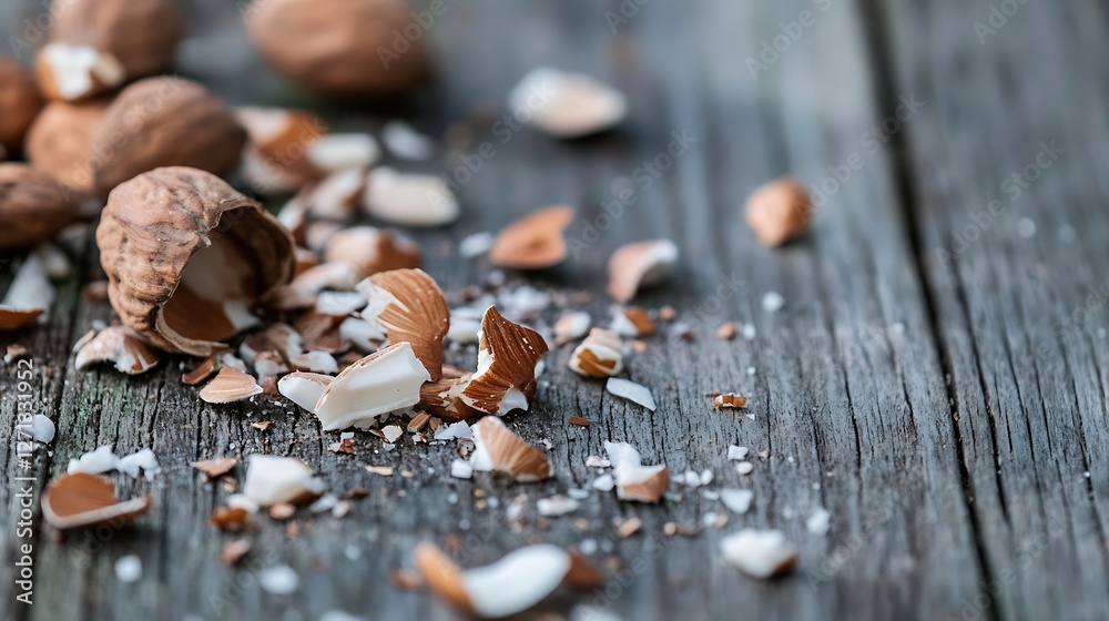 Poster Delicious and Nutritious Almonds Shells and Pieces on Rustic Wooden Background : Generative AI