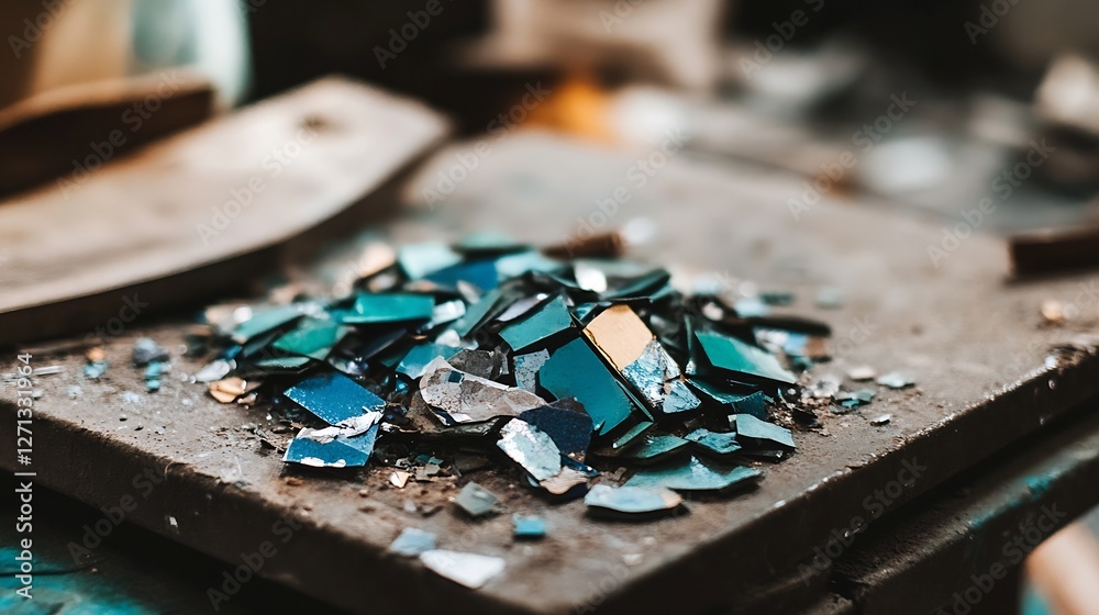 Poster artistic composition of shattered glass pieces arranged on a workbench showcasing texture and color 