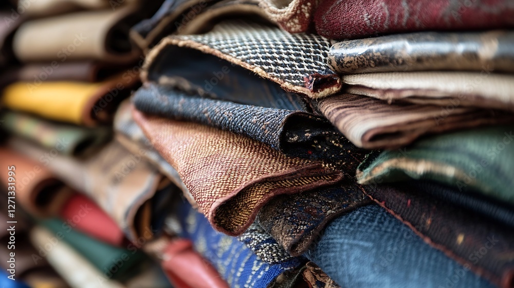 Aufkleber Vibrant Textiles Stacked Neatly in a Colorful Fabric Store Display : Generative AI