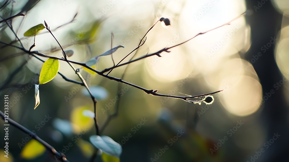 Aufkleber delicate branch with lush green leaves backlit by soft sunlight in a natural environment : generativ