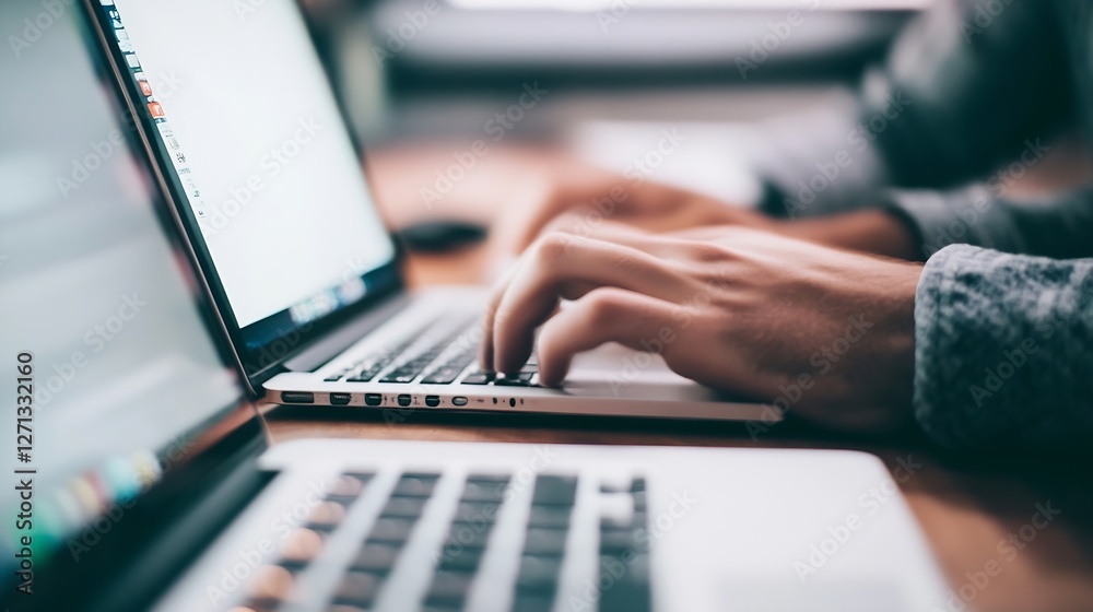 Poster person typing on a laptop keyboard showcasing productivity and technology in a modern work environme