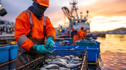 Fisherman in orange gear sorting fresh fish at sunset near a boat in a vibrant harbor : Generative AI