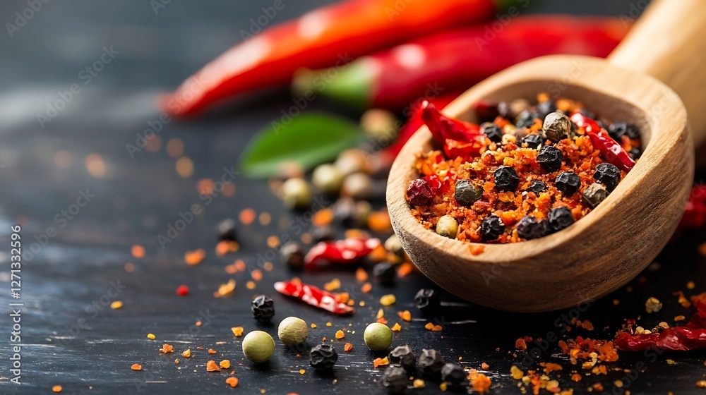 Poster colorful assortment of spices and dried chilies in wooden spoon on dark background : generative ai