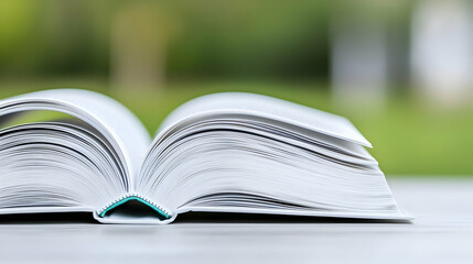 Obraz premium Open book on table, outdoors, green background, education