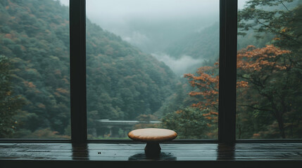 Mountain view from window seat, autumn foliage, misty valley