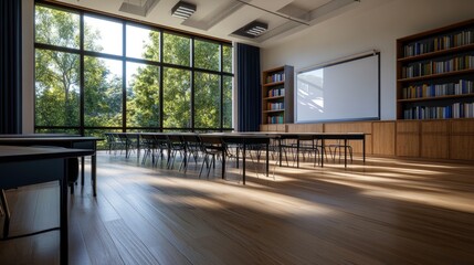 Obraz premium Sunny classroom, desks, bookshelves, forest view, education