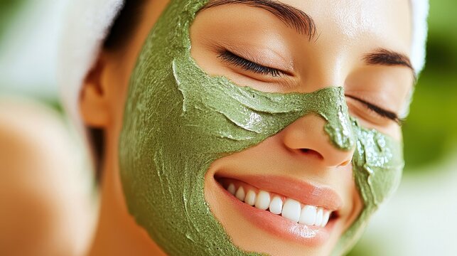 A woman relaxes with a green clay mask applied to her face, smiling at the rejuvenating experience
