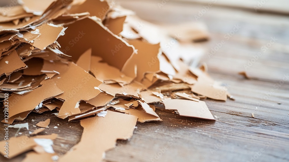 Poster close up of wood shavings scattered on a rustic wooden surface highlighting craftsmanship and textur