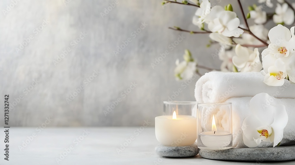 Poster serene arrangement of white orchids candles and soft towels for a relaxing spa experience : generati