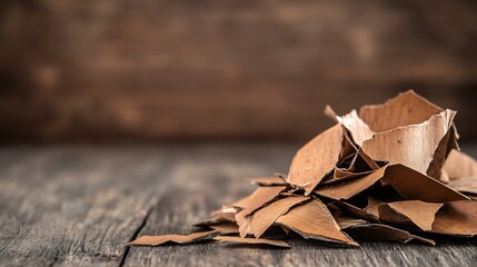 Wood shavings clustered on a weathered wooden table representing craftsmanship and natural woodworking materials : Generative AI