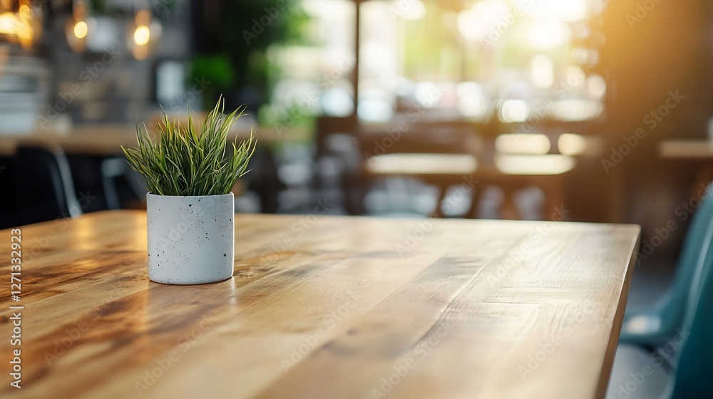 Poster elegant indoor greenery arrangement on a wooden dining table in a warm cafe setting : generative ai