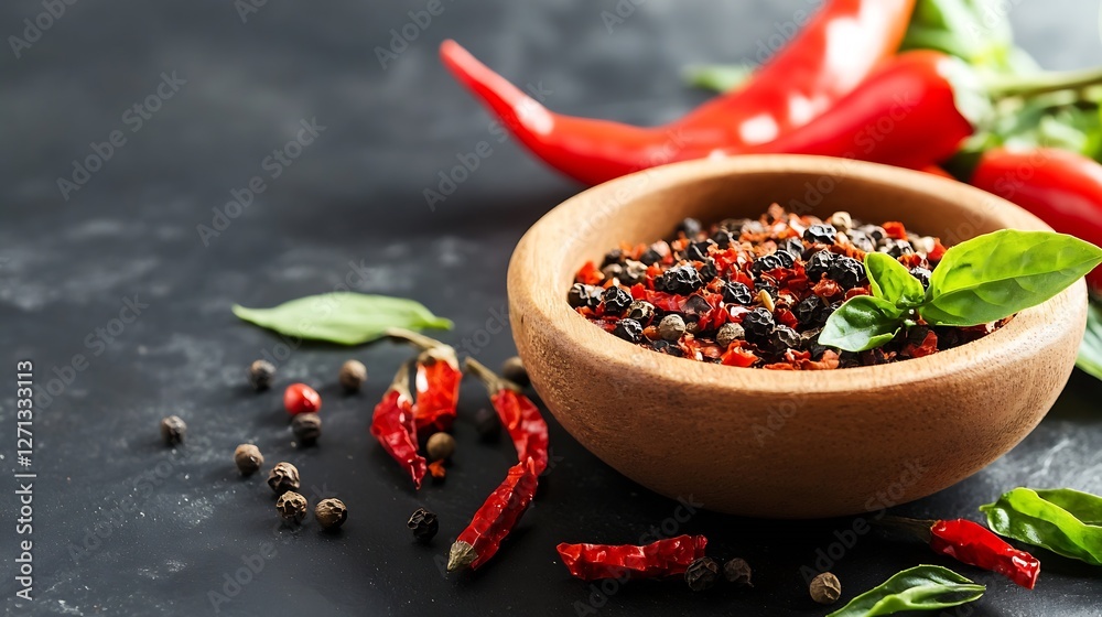 Aufkleber assorted chili peppers with exquisite spices in rustic bowl for culinary enthusiasts and home chefs 